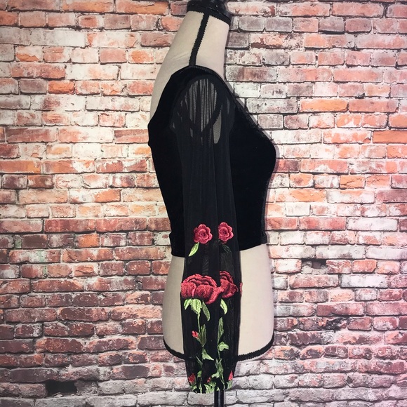 Velvet Off Shoulder Sheer Sleeve Crop Top - Picture 2 of 8